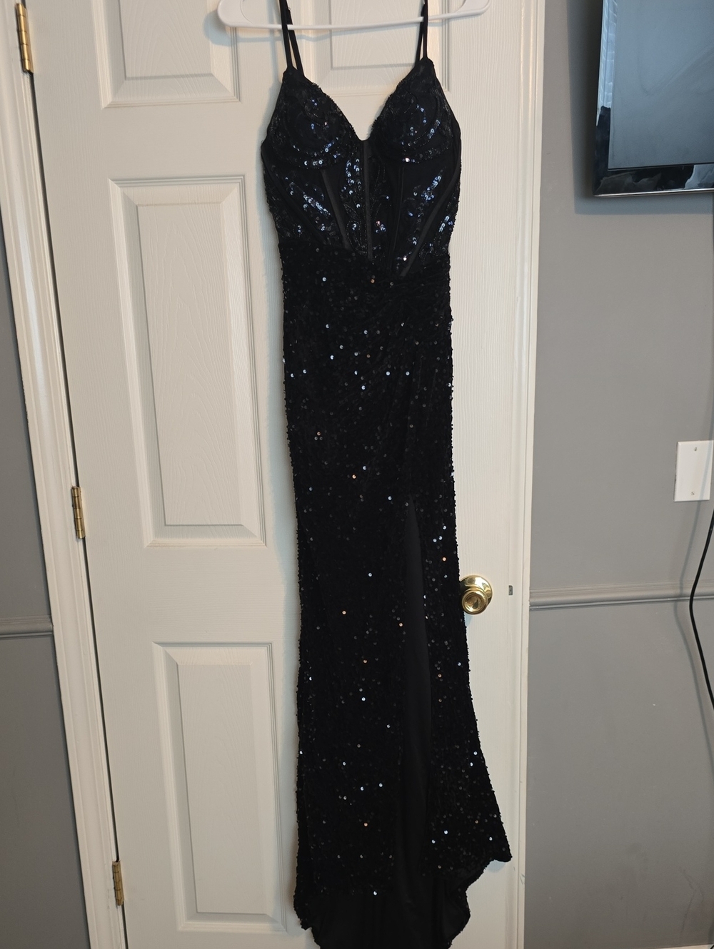 Black Sequin Spaghetti Strap Prom Dress